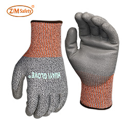 Wholesale Manufacturer<br/>13 Gauge HPPE PU Coated Cut Resistant Gloves-Orange Cuff