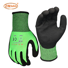 Wholesale Manufacturer<br/>Level 5 cut HPPE green cut resistant sandy nitrile safety gloves